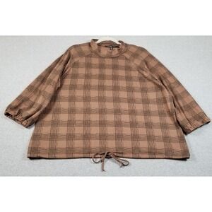 Louise Paris Top Women 2X Plus Brown Black Plaid Mock Neck Drawstring Hem Blouse